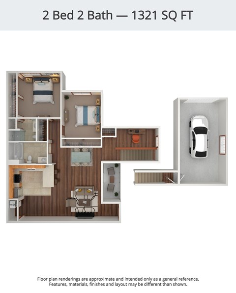 A floor plan of a 2 Bed 2 Bath apartment is 1321 square feet.