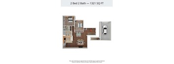 A 2 Bed 2 Bath apartment is 1321 square feet.
