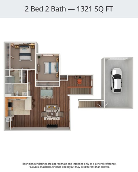 A 2 Bed 2 Bath apartment is 1321 square feet.