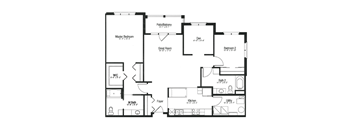 A floor plan of a house with a master bedroom, two bathrooms, a pantry, a great room, a den, a foyer, a kitchen, and a utility space.