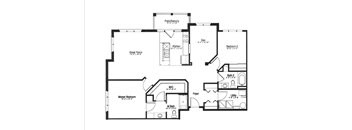 A black and white floor plan of a house with a master bedroom and a great room.