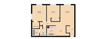 A floor plan of a house with two bedrooms, a living room, a hall, a kitchen, a dining area, a bathroom, a walk-in closet, and a vanity.
