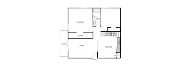 A floor plan of a house with a bedroom, bath, closet, living room, kitchen, pantry, and patio.