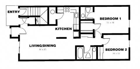 A black and white floor plan of a small apartment with two bedrooms, a living/dining area, a kitchen, and an entry point.