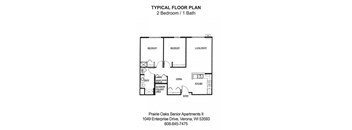 A floor plan for a 2 bedroom apartment with 1 bath.