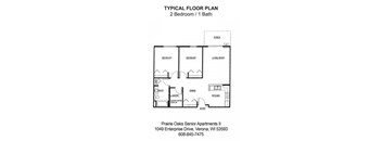 A black and white image of a floor plan for a 2 bedroom apartment.