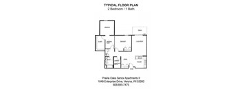 A black and white image of a floor plan for a 2 bedroom apartment.