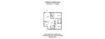 A black and white image of a floor plan for a 2 bedroom apartment with 1.5 baths.