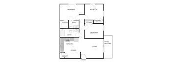 A floor plan of a house with three bedrooms, a living room, a dining room, a kitchen, a bathroom, and a patio balcony.