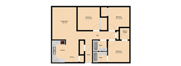 A floor plan of a house with a living room, two bedrooms, a kitchen, a dining area, and a hallway.