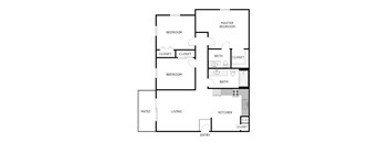 A floor plan of a house with two bedrooms, a living room, a kitchen, a bathroom, and a patio.
