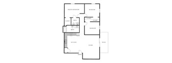 A floor plan of a house with a master bedroom, two bathrooms, a kitchen, a living room, and a patio.