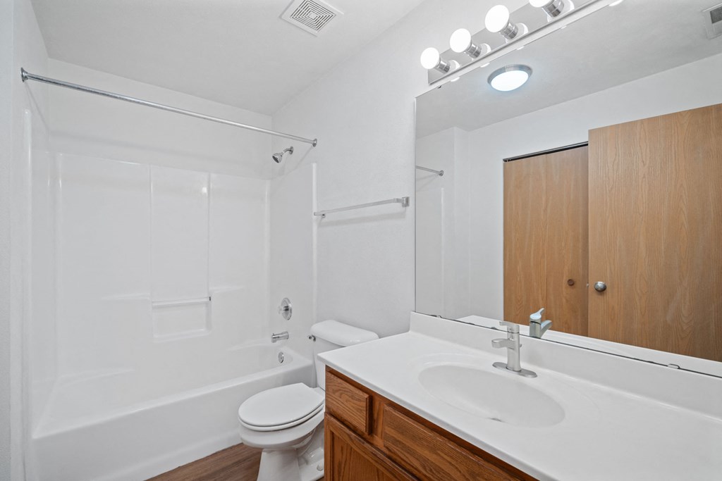 a bathroom with a sink toilet and shower and a mirror