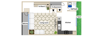 a floor plan of a house with a bathroom and a living room