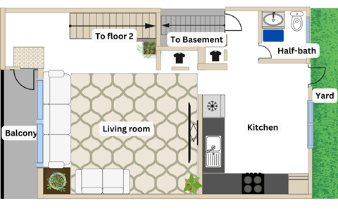 a floor plan of a house with a bathroom and a living room