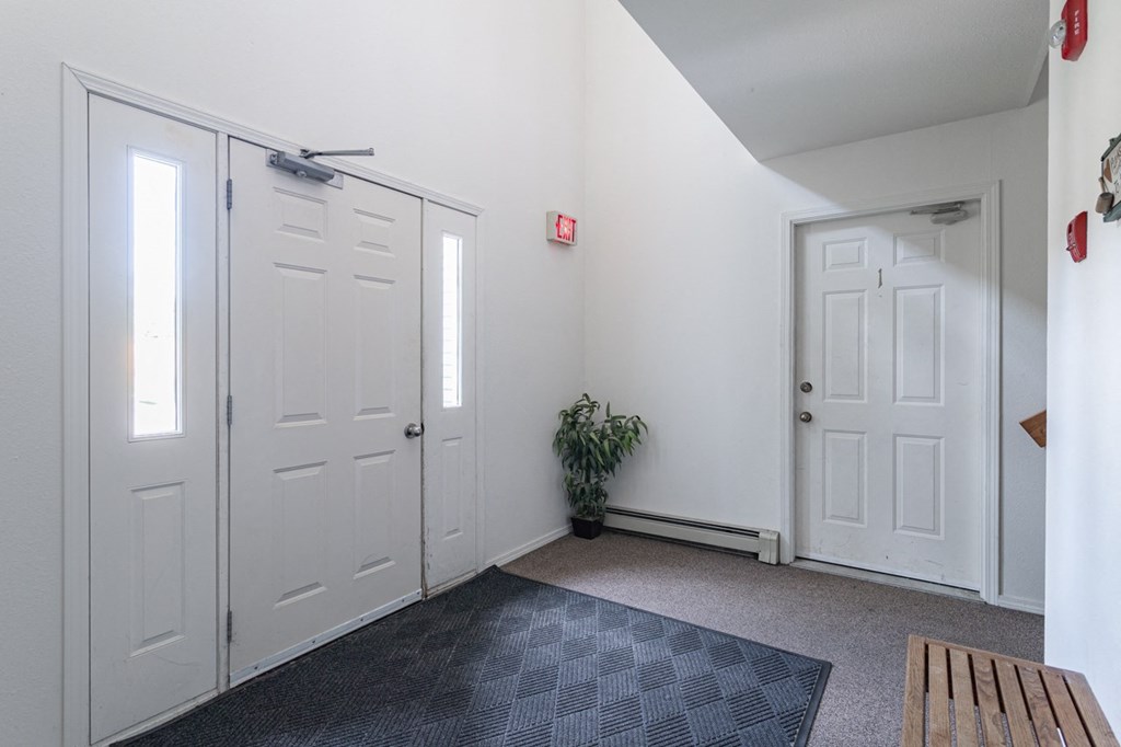 a room with two white doors and a table and a plant