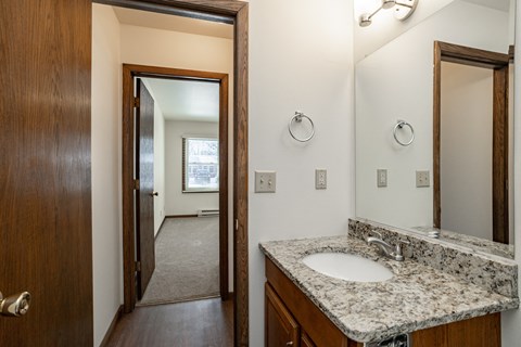 a bathroom with a sink and a mirror and a door to a bedroom