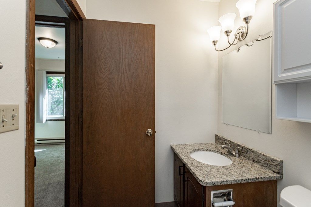 a bathroom with a sink and a mirror and a door to a toilet
