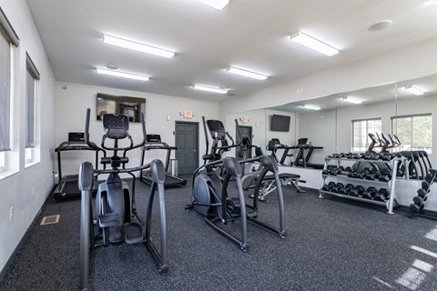 a gym with cardio equipment and weights