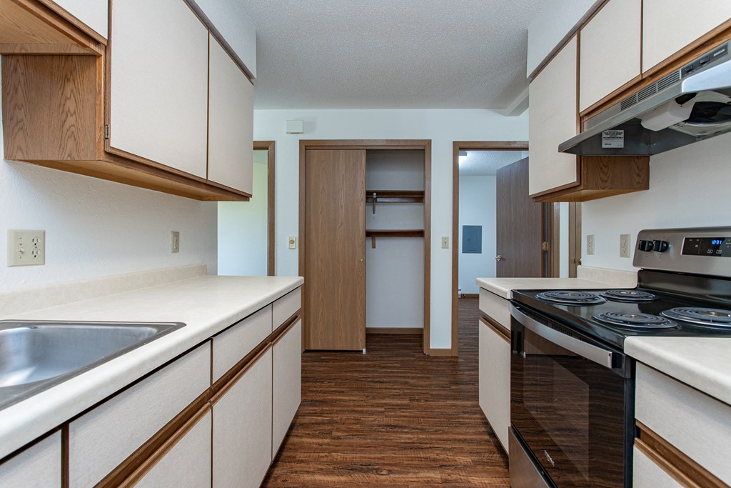 the preserve at ballantyne commons apartment kitchen and hallway with stove and counter tops