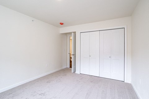 a bedroom with two closets and a door to a hallway