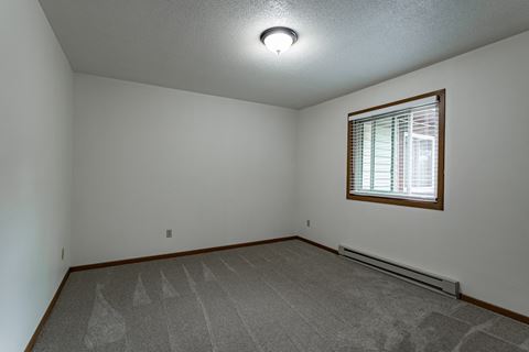 the living room is empty and has a window and carpet