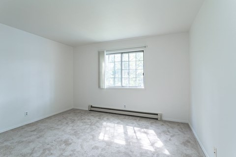 a white room with a window and carpet