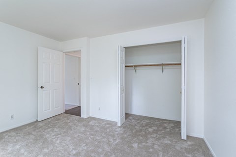 an empty bedroom with a closet and a door to a closet