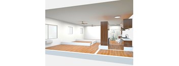 a rendering of a bathroom with wood floors and white walls