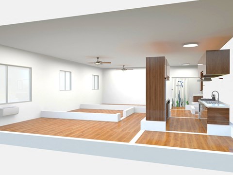 a rendering of a bathroom with wood floors and white walls