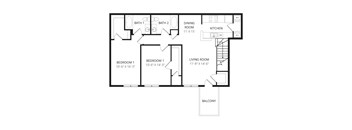 A floor plan of a house with two bedrooms, a living room, a kitchen, a dining room, and two bathrooms.