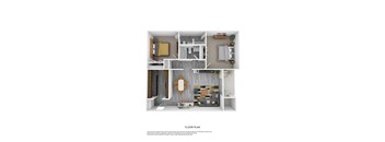 A floor plan of a small apartment with a living room, kitchen, and two bedrooms.
