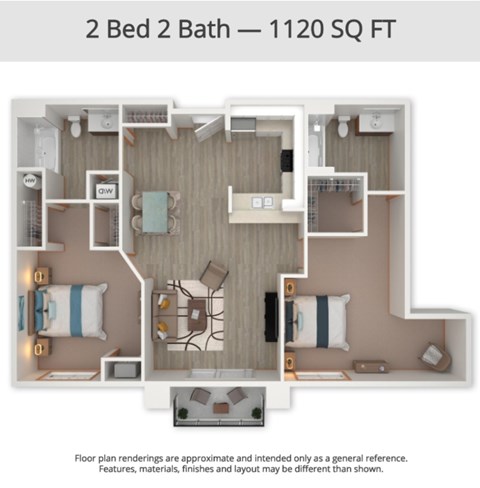 A 2 Bed 2 Bath apartment is 1120 square feet.
