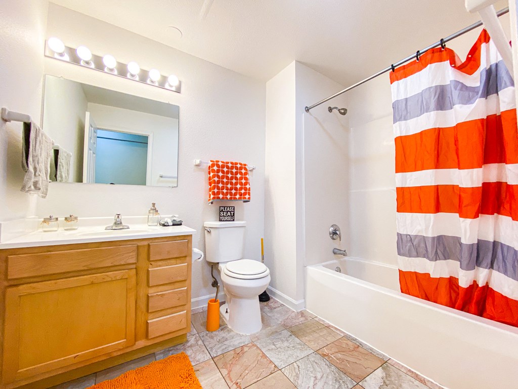 a bathroom with a shower curtain and a toilet and a sink
