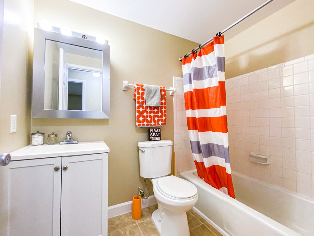 a bathroom with a shower curtain and a toilet and a sink