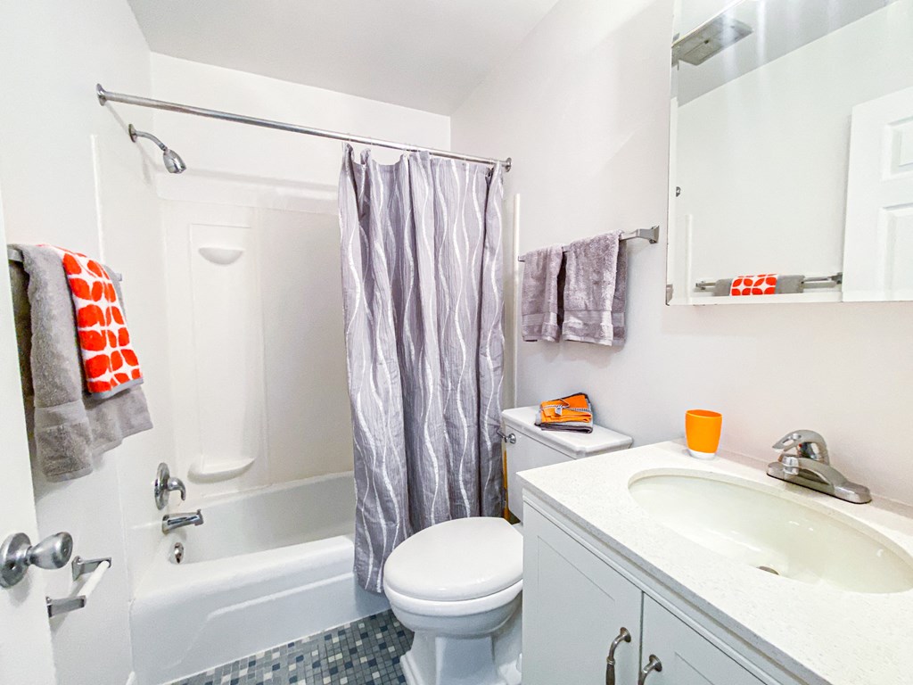 a bathroom with a sink toilet and bath tub
