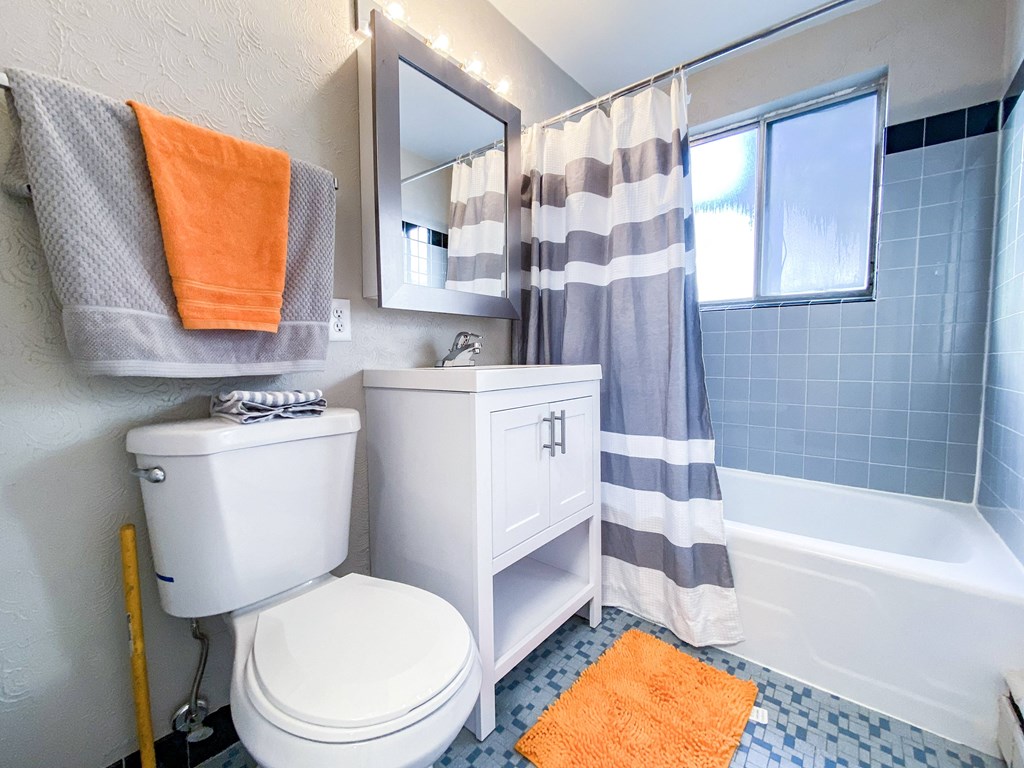 a bathroom with a white toilet and a tub and a shower