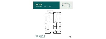 A floor plan for an apartment at BLISS shows a living room, a balcony, a kitchen, a bathroom, and a bedroom.