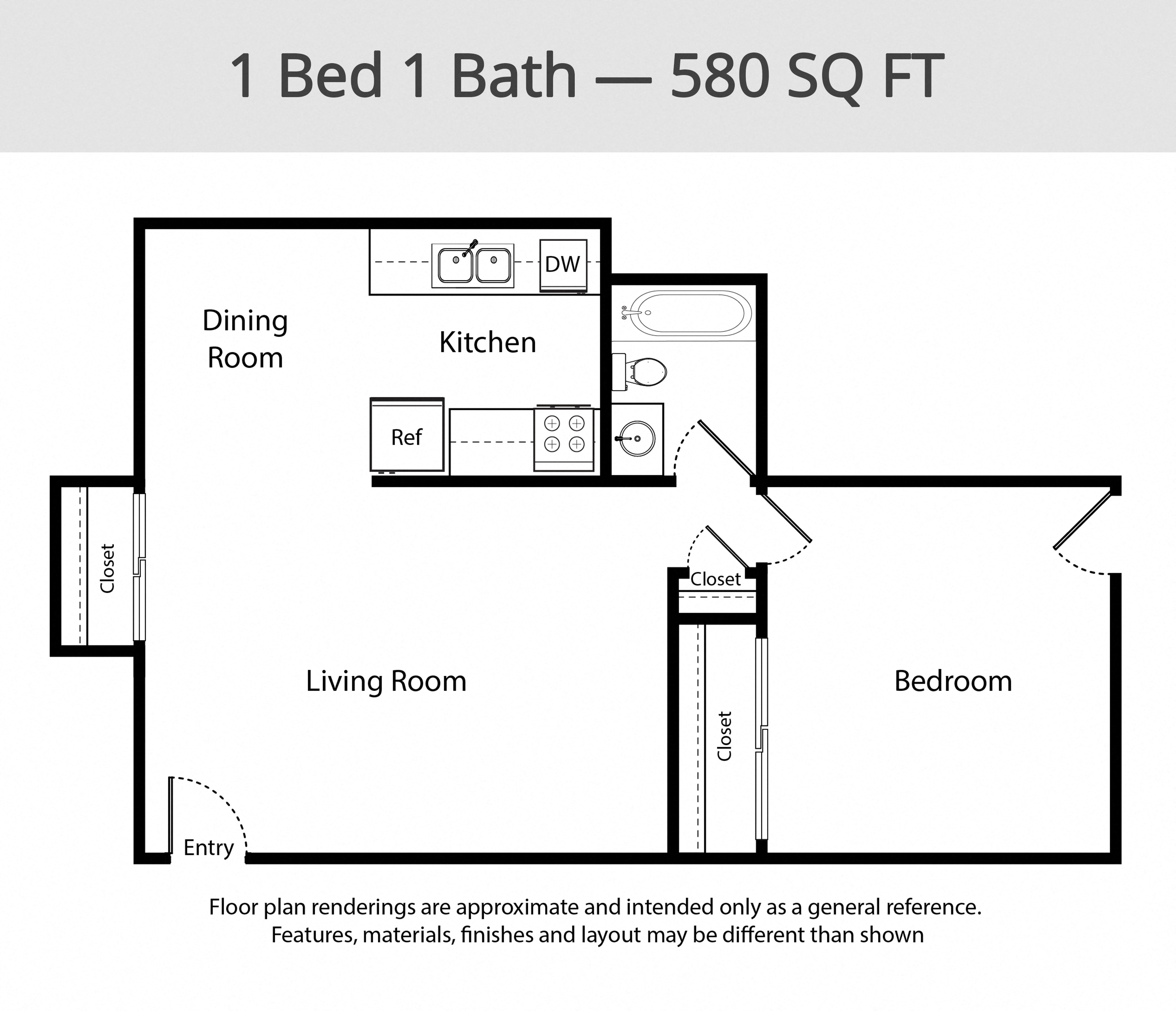 A floor plan for a 1 Bed 1 Bath apartment sized at 580 square feet.
