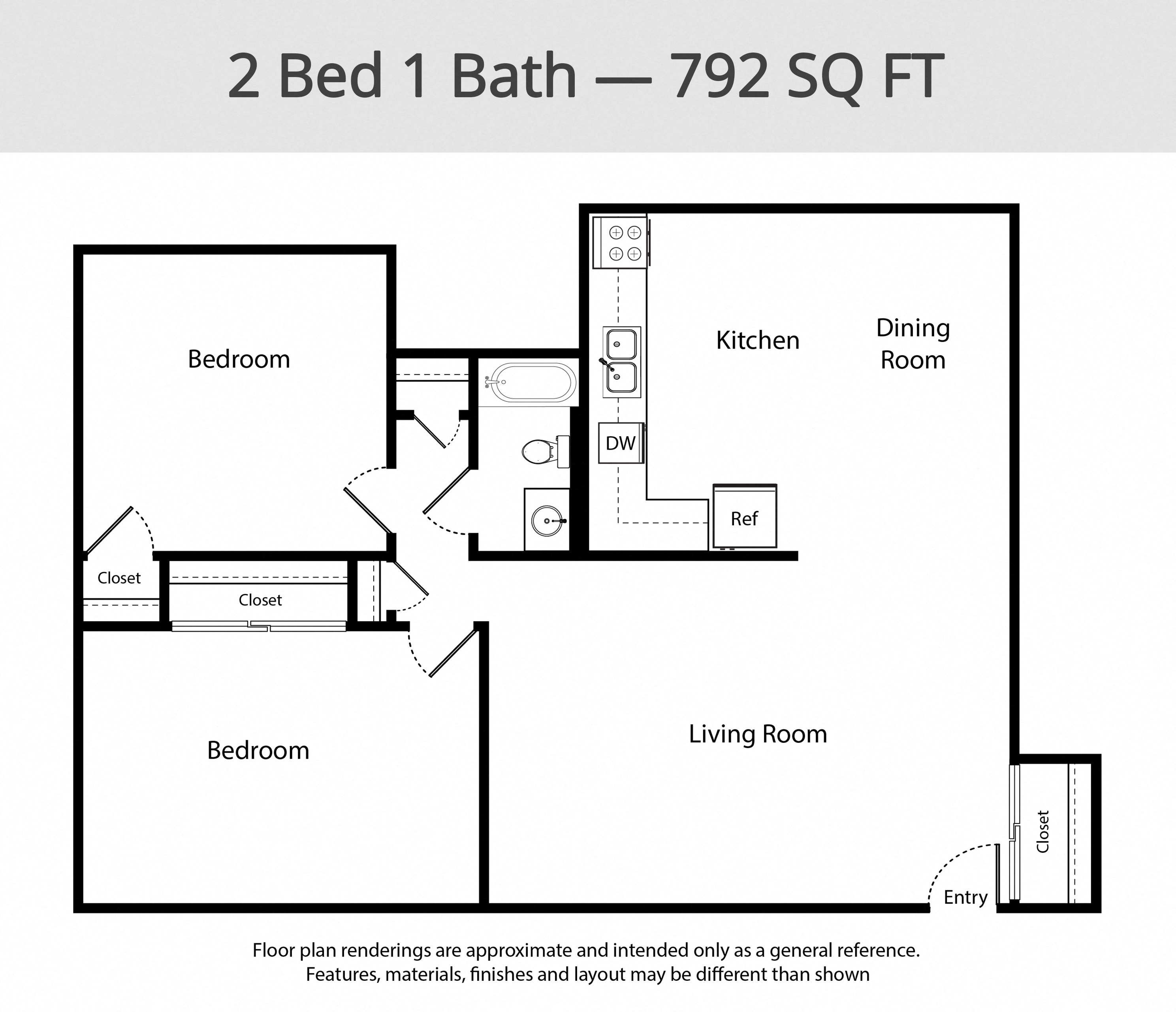 A floor plan of a 2 Bed 1 Bath apartment is 792 square feet.