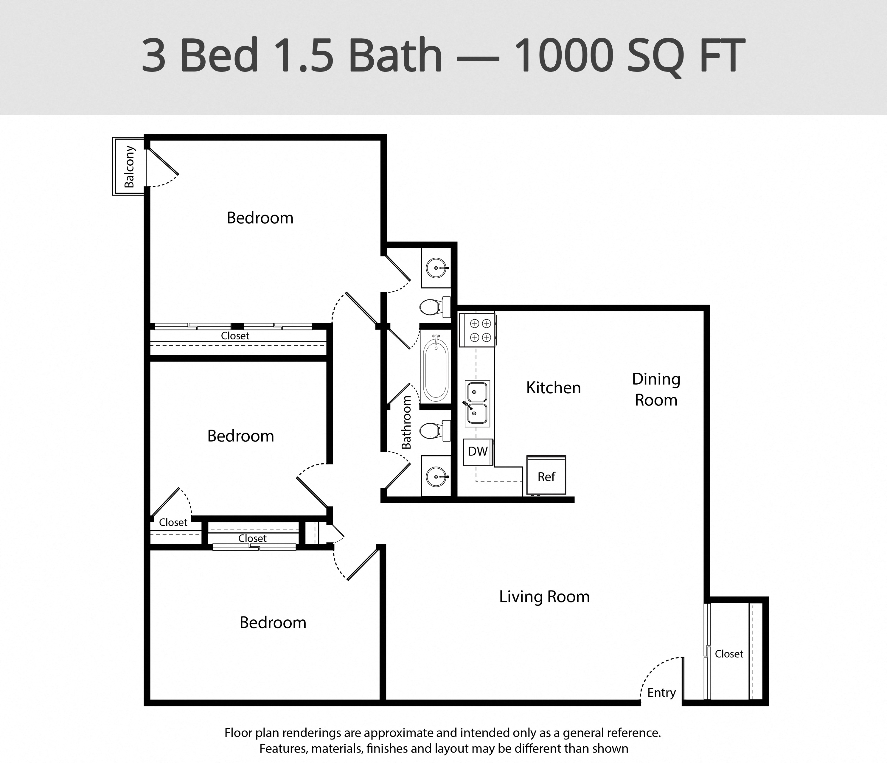 A floor plan for a 3 Bed 1.5 Bath - 1000 SQ FT.