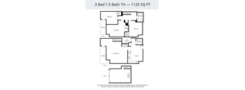 A floor plan for a 3 Bed 1.5 Bath Townhouse.