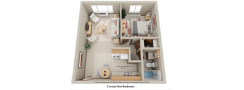 A corner one bedroom apartment with a kitchen, living room and bathroom.
