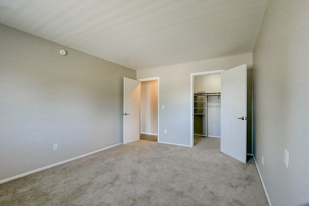 an empty room with a carpeted floor and a closet