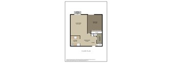A floor plan of a living space with a living room, dining room, kitchen, and bedroom.