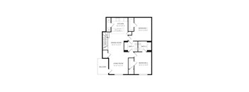A floor plan of a house with a living room, dining room, kitchen, two bedrooms, and two bathrooms.