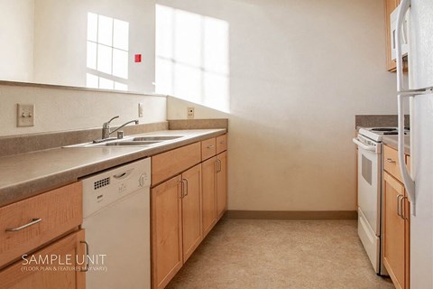 a kitchen with a sink a stove and a refrigerator