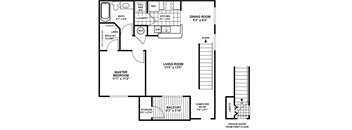 A floor plan of a house with a living room, dining room, kitchen, and bathroom.