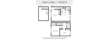 A floor plan for a 2 bedroom, 1.5 bath home that is 1100 square feet.