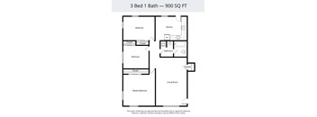 A floor plan for a 3 Bed 1 Bath - 900 SQ FT apartment.